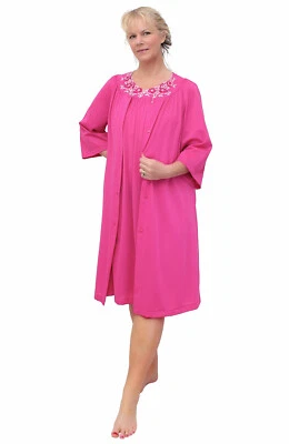 Shadowline Nightgown Womens Raspberry Nylon Short Gown and Robe 2 Pc Pajama Set - Image 1 of 4