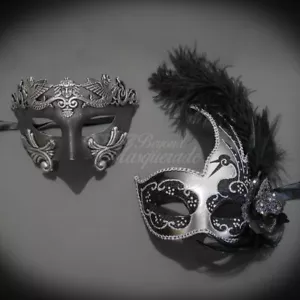 Couple's Masquerade Masks | Masquerade Masks Feather Roman Black/Silver - Picture 1 of 4
