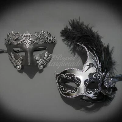 Couple's Masquerade Masks | Masquerade Masks Feather Roman Black/Silver - Image 1 of 4