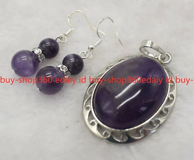 Moda Hermoso Conjunto de Pendientes Colgantes de Piedras Preciosas Amatista Ovaladas Púrpura AAA+ Foto 1 de 4