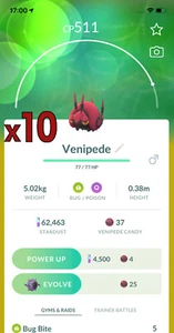 ¡Paquete de 10 Pokémon Venipede!! ¡Buena oportunidad de suerte y buenos IV!! Go - Imagen 1 de 1