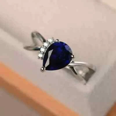 Lab-Created Sapphire 2Ct Pear Cut Women Engagement Ring 14k White Gold Plated - Image 1 of 4
