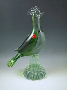 1960's MURANO GLASS seguso ROOSTER FIGURINE SOMMERSO GREEN  11"  ORIG STICKER - Picture 1 of 8