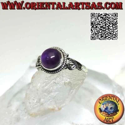 Anello in argento 925 ‰ ametista tonda cabochon contornata da intreccio e spiral - Immagine 1 di 4