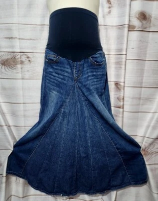 Indigo Poppy Maternity L Jean Denim Long Skirt Flare Trumpet Stretch Full Circle - Image 1 of 4