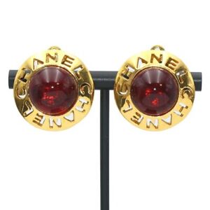 CHANEL Gold-tone Colored Stones Logo Round Clip-on Earrings Vintage Women T1566