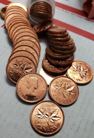TWO(2) X RED UNC 1959 CANADA CENT QUEEN ELIZABETH II 98% COPPER PENNY ROLL WORLD Cover
