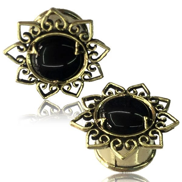 PAR TRIBAL ONXY PIEDRA FLOR LATÓN TÚNELES TAPONES MEDIDORES TAPÓN MEDIDOR Foto 1 de 1