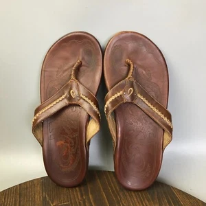 OluKai Mea Ola Mens 10 Brown Leather Slip On Thong Flip Flops Sandals - Picture 1 of 10