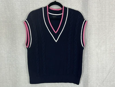 Talbots Vest Large Petite Blue Pink Tennis Varsity Cable Knit Wool Blend Sweater - Image 1 of 4