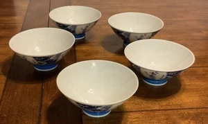 Japanese White/Blue Porcelain Footed Rice Bowls Set-5 Vintage Small 4.75” Read - Picture 1 of 12