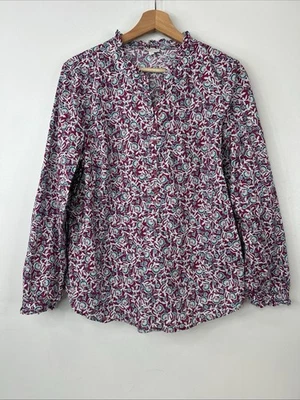 Talbots Women’s L Maroon Green Blue Floral Ruffle Neck Cotton V Neck Popover Top - Image 1 of 4