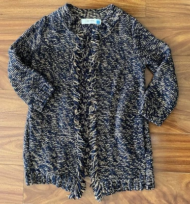 Anthropologie Sparrow Cardigan XS Navy Blue Orange Marled Peat Fringe Sweater - Image 1 of 4