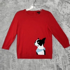 Talbots Sweater Womens Medium Petite Red Dog Graphic Boston Terrier 3/4 Sleeve - Picture 1 of 10