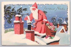 Postkarte mit geteilter Rückseite Joyeux Noel Französisch Frohe Weihnachten Weihnachtsmann auf Dach Popout - Bild 1 von 2