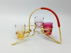 Schnapsgläser mit Metallständer, 3x Farbige Gläser, 1950er Jahren, Retro  - Bild 1 von 11