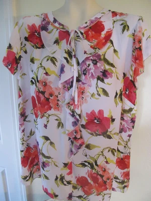LIZ CLAIBORNE~Romantic Floral Chiffon Ruffle Top Shirt w/Ties~Cap Sleeves~XL - Image 1 of 4