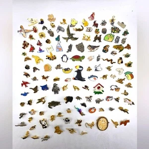 Lot of 130 Animal Lapel Pins Fish Horses Pandas Hummingbirds Dogs Cows Statement - Picture 1 of 9
