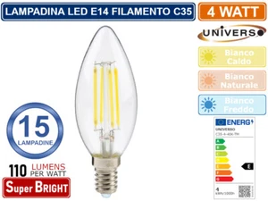 15 LAMPADINE LED E14 4W CANDELA C35 FILAMENT VETRO TRASPARENTE 3000K 4000K 6500K - Foto 1 di 2