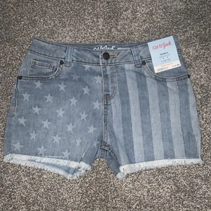 NWT Girl’s Cat & Jack Patriotic Stars And Stripes Cutoff Jean Shorts Sz L 10-12 - Picture 1 of 4