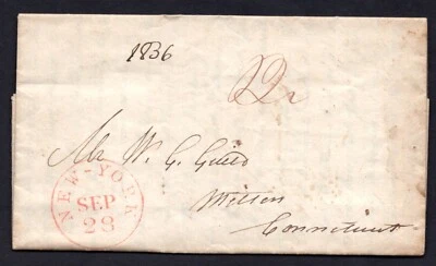 US 1836 NEW YORK IN RED ON FOLDED TWO-PAGE NEATLY WRITTEN LETTER TO WILTON CONN. - Image 1 of 3