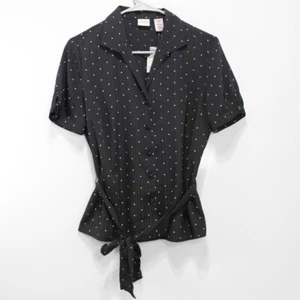 Covington Womens Black Polka Dot Button Up Belted Ggt Blouse Size S Short Sleeve - Picture 1 of 7