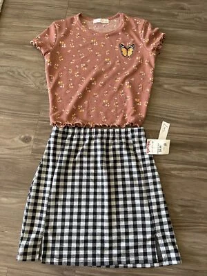 Niñas S (se adapta a 12-14) Negro/Gris Cuadros Falda/floral, Mariposa Top Melocotón Quemado Foto 1 de 4