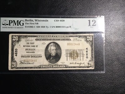 $20.1929 Berlin Wisconsin national bank note PMG 12 fine stains - Image 1 of 2