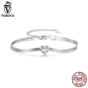 Voroco Women Real 925 Sterling Silver Shining Heart Bracelet Chain Jewelry 21 cm - Picture 1 of 12