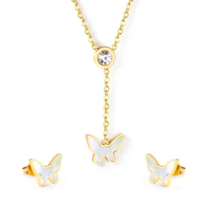 18k Gold Plated White Butterfly Zircon Stone Pendant with Butterfly Earrings 3pc - Picture 1 of 7