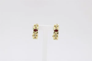 Vintage 14K 2T 5/8" Ruby + Diamond Drop Curve Bizmark Earrings - 0.06 ctw - Picture 1 of 5