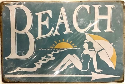 TIN SIGN new 8x12 Beach lover umbrella ocean sea sand sun tan swim surf (Br14a) - Image 1 of 4