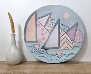 1980s 1990s Postmodern New Wave Memphis Studio Pottery Plate Pastel Coastal Boat - Bild 1 von 10
