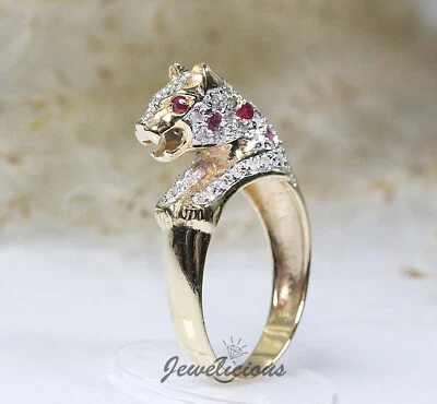 Unique 10K Yellow Gold Natural Diamonds and Rubies Panther Cat Vintage Ring - Image 1 of 4