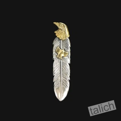 925 Sterling Silver Feather with Shiny Brass Eagle Head Pendant Great Details - Image 1 of 4
