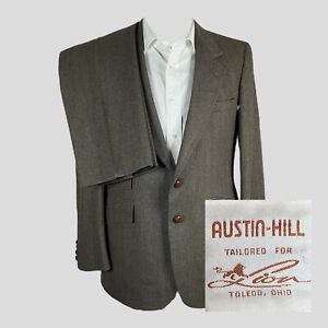 Vintage Austin Hill 2 Piece Suit Mens 40R 34x28 Brown Tweed Two Button Wool