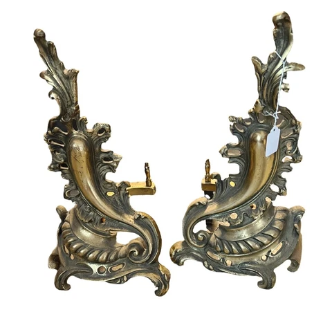 Vintage French Louis XV Rococo Ornate Bronze/Brass Fireplace Andirons.  VGC Cover