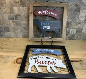 Set Of 2 Rustic Cow Milk Pig Bacon Welcome Farmhouse Hanging Wall Decor Sign NEW - Picture 1 of 10