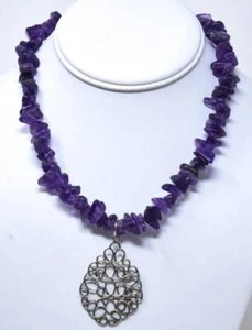 Vintage Tumbled Amethyst Sterling Silver Necklace 16" sterling Modernist pendant - Picture 1 of 7
