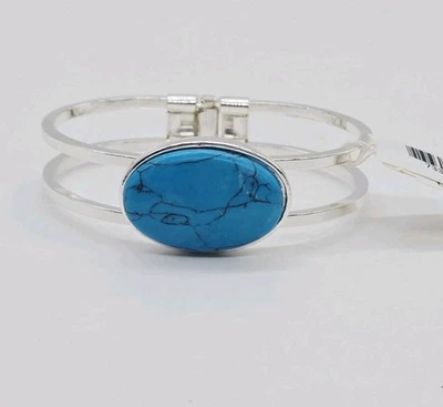 Faux Turquoise Bracelet Oval Silver tone Hinged Boho Chunky Hippy 8 in NWT - Image 1 of 4