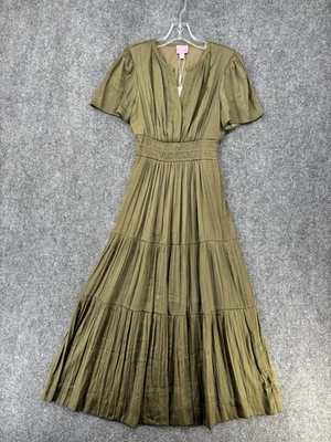 NWT Muse Olive Martini Pleated Green XS Maxi Dress Silky V Neck Flutter Sleeve - Image 1 of 4
