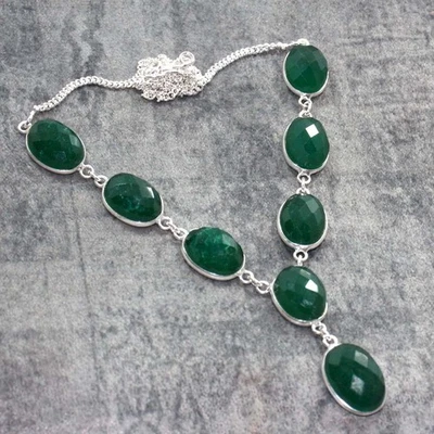 925 Silver Plated Exclusive Simulated Emerald Necklace Size 20" GW - Image 1 of 3
