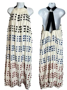 Tibi Halter Open Harness Strap Back Pom Pom Maxi Dress Red White Blue Black M - Picture 1 of 17
