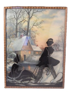 Pintura artística antigua de vidrio burbuja silueta - escena romántica de trineo para pareja - Imagen 1 de 5