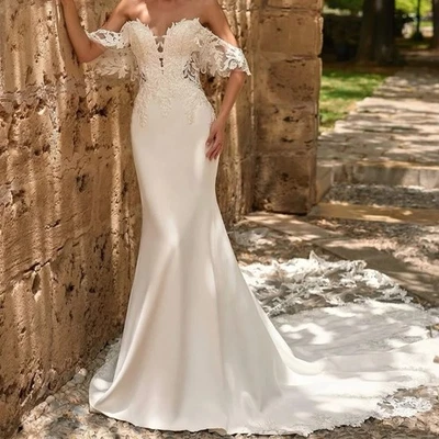 Off The Shoulder Mermaid Wedding Dresses Sweetheart Long Tails Short Bride Gowns - Image 1 of 4