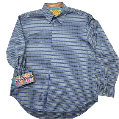 Robert Graham Men's 2XL Flip Cuff Blue Green Striped Geometric Dress Shirt - Image 1 of 4