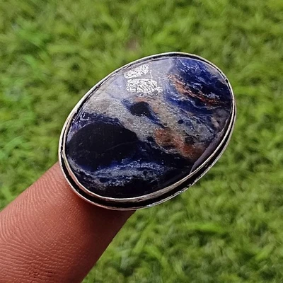 Compre anel ajustável de pedra preciosa de sodalita natural folheado a prata esterlina 925 joias - Imagem 1 de 4