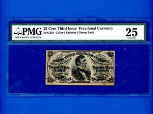 25 Cents Third Issue Fractional Currency Fr1294 Green Back PMG 25 COLBY/SPINNER - Picture 1 of 2