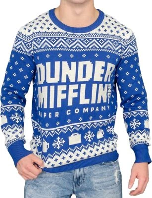 The Office Dunder Mifflin Blue Ugly Christmas Sweater - Perfect for Cosplay Fun - Image 1 of 4