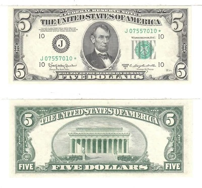 1950 D $5 Kansas City District Federal Reserve Star Note Fr 1965-J* Unc. #010 - Image 1 of 3